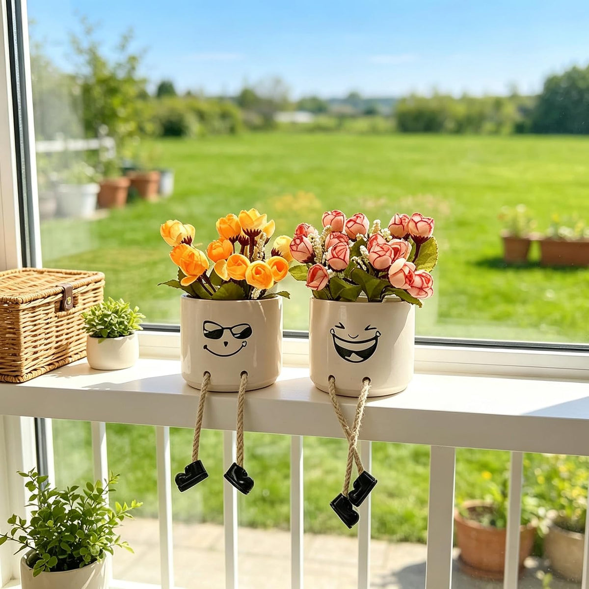 Small Plant Pot with Artificial Succulents, Fake Succulent Plants for Desk Decor, Cute Ceramics Planter with Drainage Holes for Home,Bathroom Office Shelf Decor