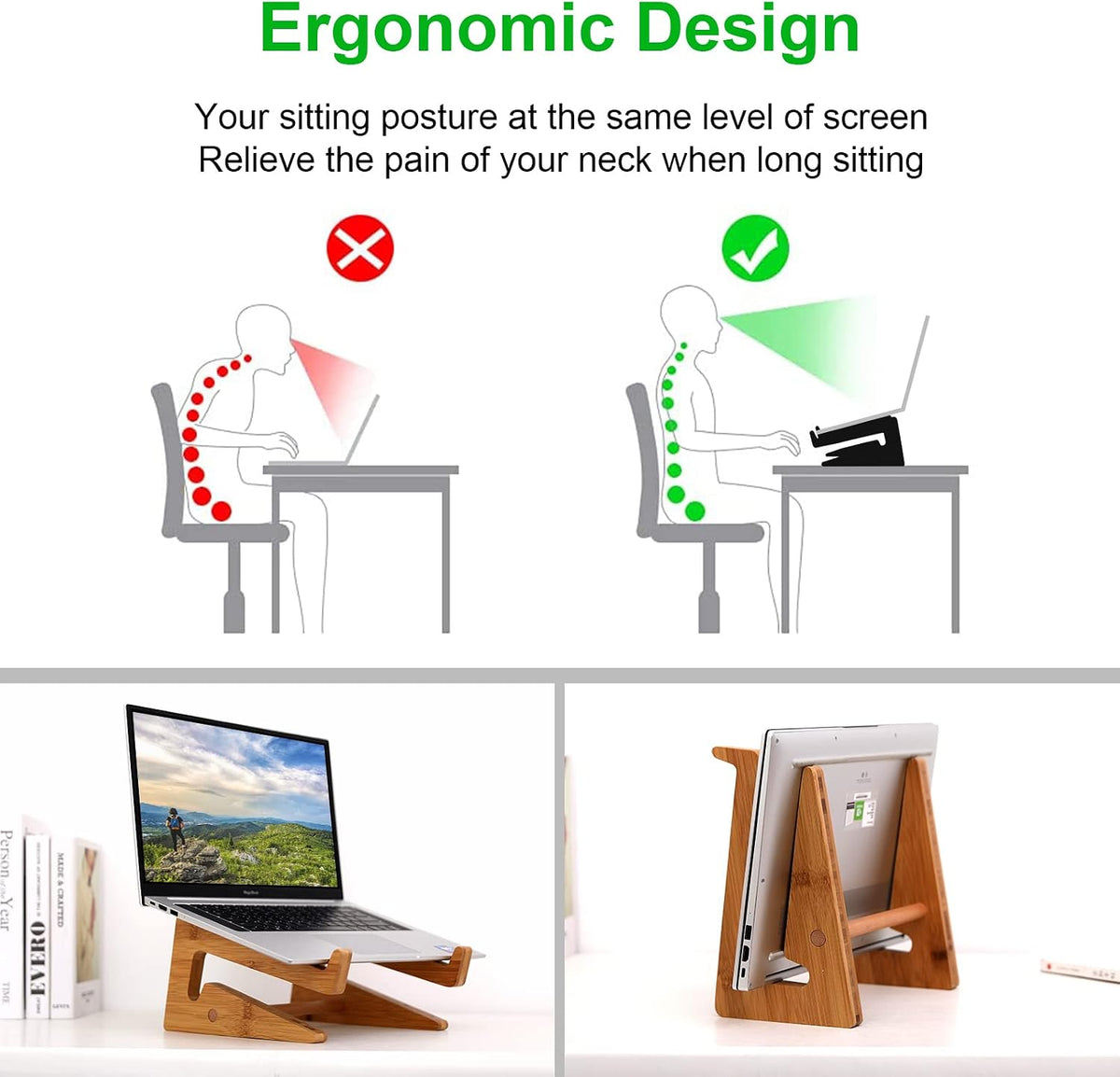 Wooden Vertical Laptop Stand for Desk, Bamboo Laptop Holder Compatible with MacBook Air Pro/Dell XPS/Surface Pro/HP/Pixelbook/Lenovo, More 13-15.6 Inch Laptops