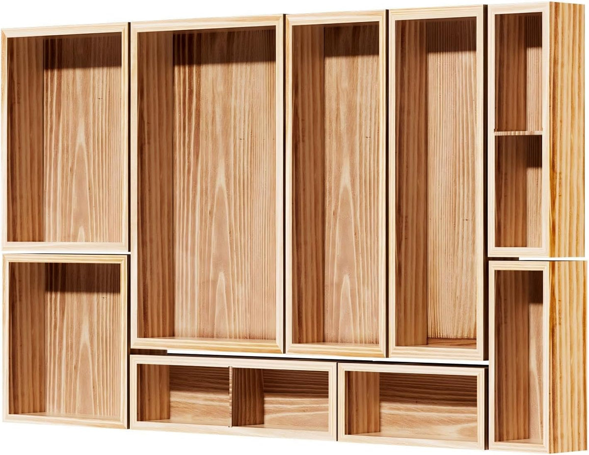9-Pack Solid Wood Junk Drawer Organizer, Modular Desk Drawer Tray & Accessories with Non-Slip Pad, Multi-Use for Kitchen, Office, Bedroom Dresser, Utensil, Makeup, Stationery, Tea Bags & Coffee Pod
