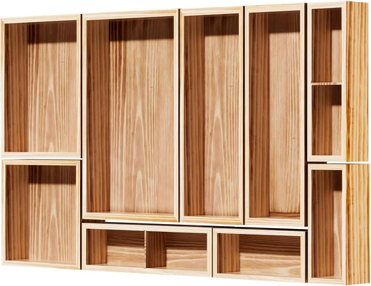 9-Pack Solid Wood Junk Drawer Organizer, Modular Desk Drawer Tray & Accessories with Non-Slip Pad, Multi-Use for Kitchen, Office, Bedroom Dresser, Utensil, Makeup, Stationery, Tea Bags & Coffee Pod