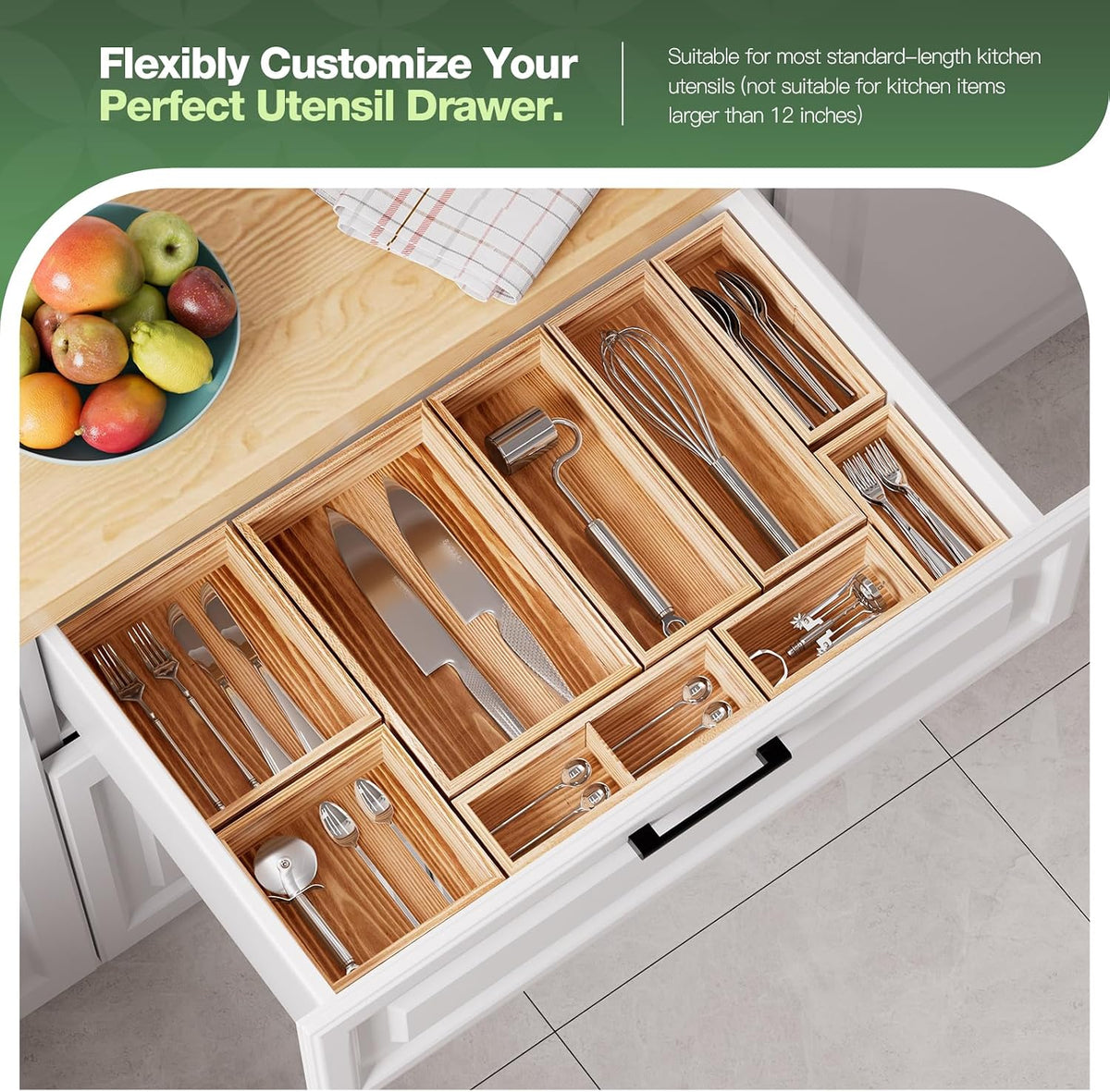 9-Pack Solid Wood Junk Drawer Organizer, Modular Desk Drawer Tray & Accessories with Non-Slip Pad, Multi-Use for Kitchen, Office, Bedroom Dresser, Utensil, Makeup, Stationery, Tea Bags & Coffee Pod