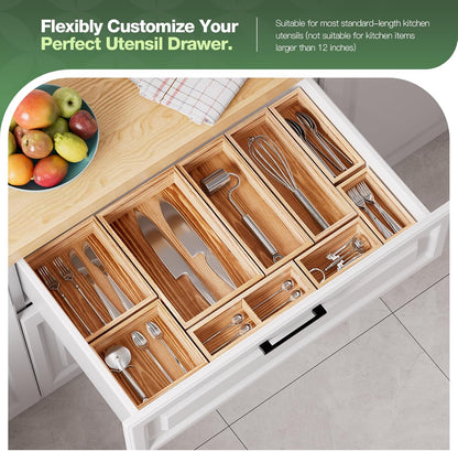 9-Pack Solid Wood Junk Drawer Organizer, Modular Desk Drawer Tray & Accessories with Non-Slip Pad, Multi-Use for Kitchen, Office, Bedroom Dresser, Utensil, Makeup, Stationery, Tea Bags & Coffee Pod