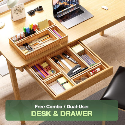 9-Pack Solid Wood Junk Drawer Organizer, Modular Desk Drawer Tray & Accessories with Non-Slip Pad, Multi-Use for Kitchen, Office, Bedroom Dresser, Utensil, Makeup, Stationery, Tea Bags & Coffee Pod