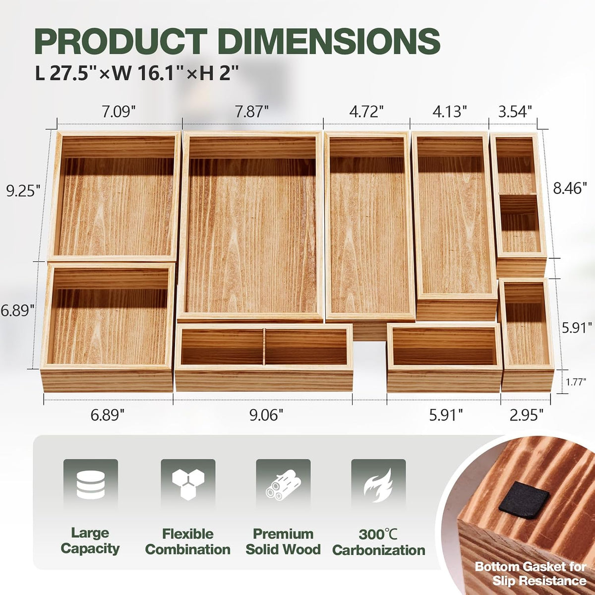 9-Pack Solid Wood Junk Drawer Organizer, Modular Desk Drawer Tray & Accessories with Non-Slip Pad, Multi-Use for Kitchen, Office, Bedroom Dresser, Utensil, Makeup, Stationery, Tea Bags & Coffee Pod