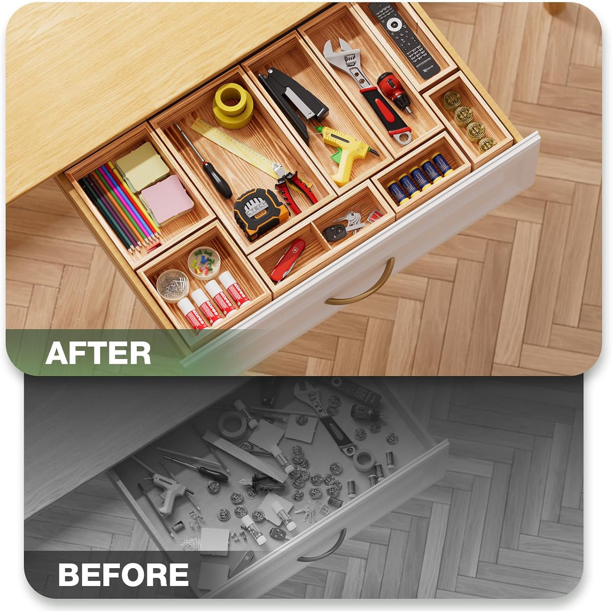9-Pack Solid Wood Junk Drawer Organizer, Modular Desk Drawer Tray & Accessories with Non-Slip Pad, Multi-Use for Kitchen, Office, Bedroom Dresser, Utensil, Makeup, Stationery, Tea Bags & Coffee Pod