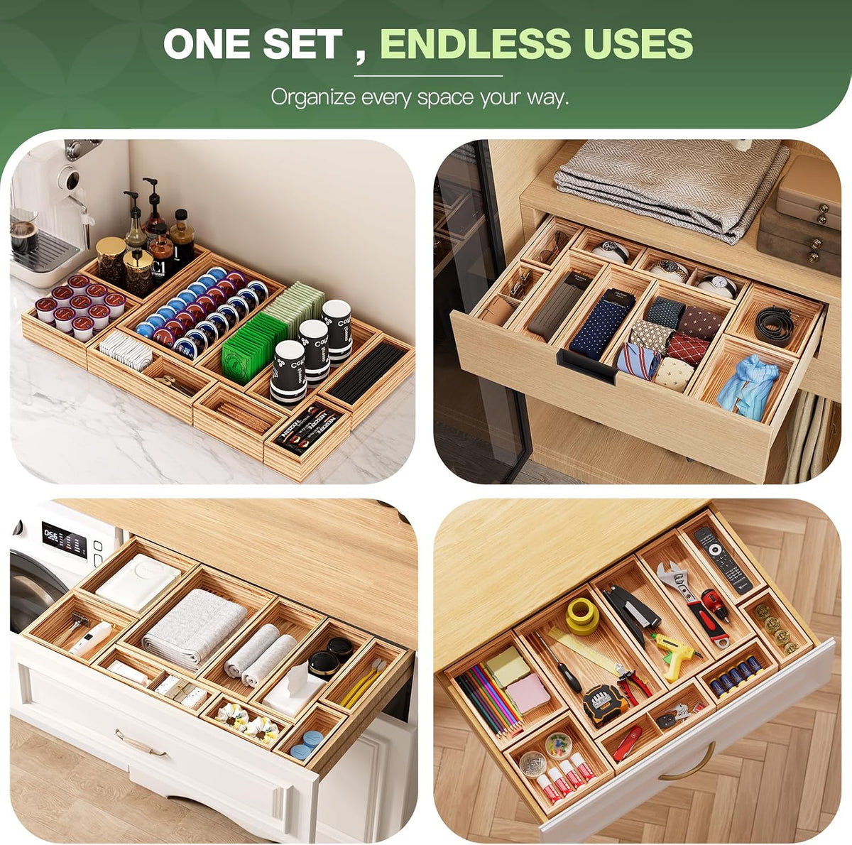 9-Pack Solid Wood Junk Drawer Organizer, Modular Desk Drawer Tray & Accessories with Non-Slip Pad, Multi-Use for Kitchen, Office, Bedroom Dresser, Utensil, Makeup, Stationery, Tea Bags & Coffee Pod