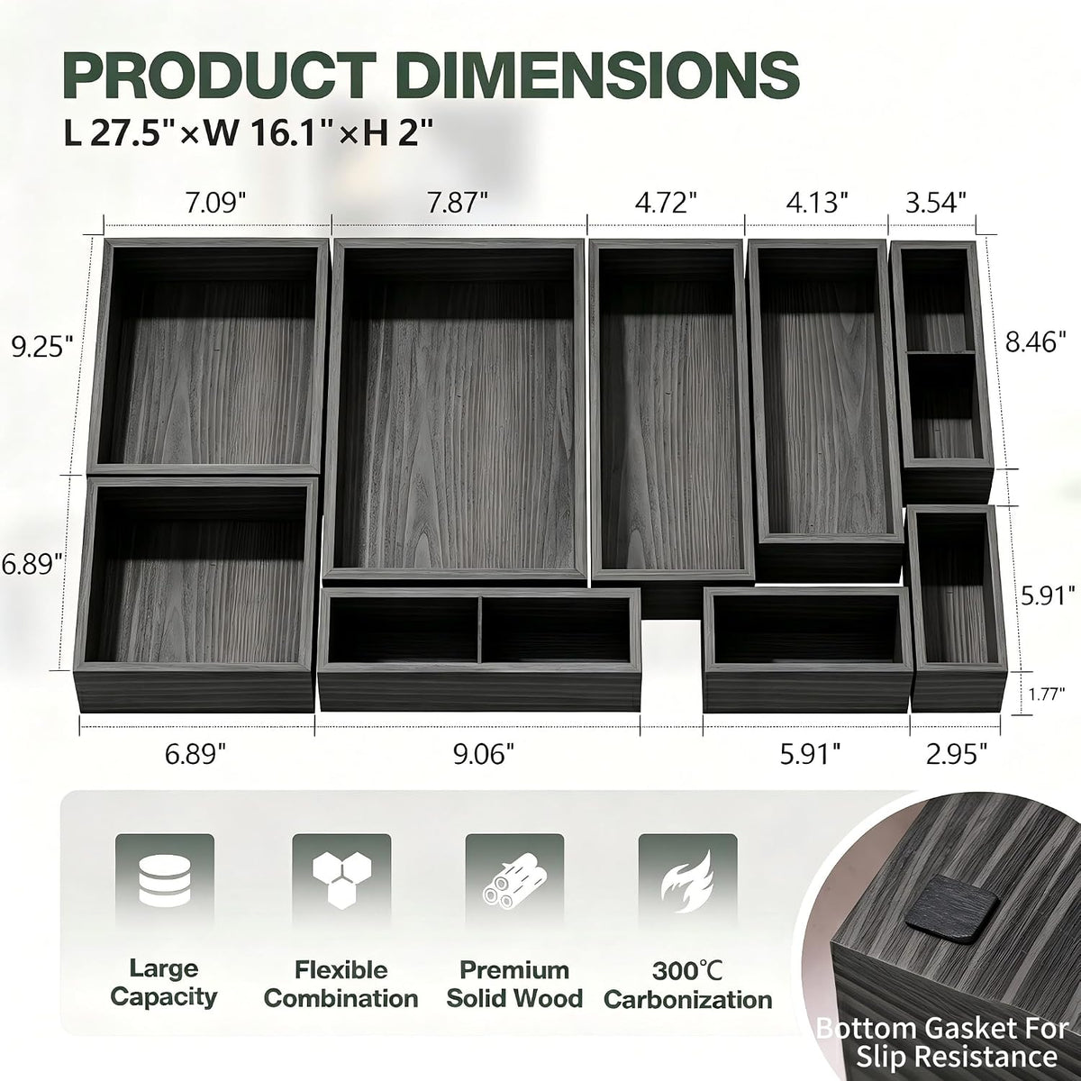 9-Pack Solid Wood Junk Drawer Organizer, Modular Desk Drawer Tray & Accessories with Non-Slip Pad, Multi-Use for Kitchen, Office, Bedroom Dresser, Utensil, Makeup, Stationery, Tea Bags & Coffee Pod