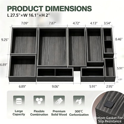 9-Pack Solid Wood Junk Drawer Organizer, Modular Desk Drawer Tray & Accessories with Non-Slip Pad, Multi-Use for Kitchen, Office, Bedroom Dresser, Utensil, Makeup, Stationery, Tea Bags & Coffee Pod