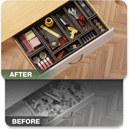 9-Pack Solid Wood Junk Drawer Organizer, Modular Desk Drawer Tray & Accessories with Non-Slip Pad, Multi-Use for Kitchen, Office, Bedroom Dresser, Utensil, Makeup, Stationery, Tea Bags & Coffee Pod
