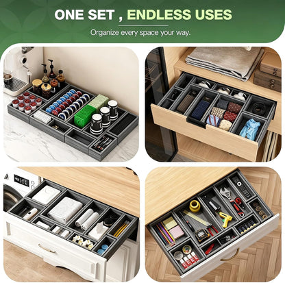 9-Pack Solid Wood Junk Drawer Organizer, Modular Desk Drawer Tray & Accessories with Non-Slip Pad, Multi-Use for Kitchen, Office, Bedroom Dresser, Utensil, Makeup, Stationery, Tea Bags & Coffee Pod