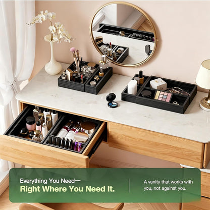 9-Pack Solid Wood Junk Drawer Organizer, Modular Desk Drawer Tray & Accessories with Non-Slip Pad, Multi-Use for Kitchen, Office, Bedroom Dresser, Utensil, Makeup, Stationery, Tea Bags & Coffee Pod