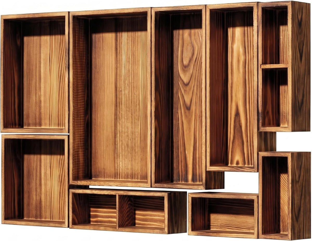9-Pack Solid Wood Junk Drawer Organizer, Modular Desk Drawer Tray & Accessories with Non-Slip Pad, Multi-Use for Kitchen, Office, Bedroom Dresser, Utensil, Makeup, Stationery, Tea Bags & Coffee Pod