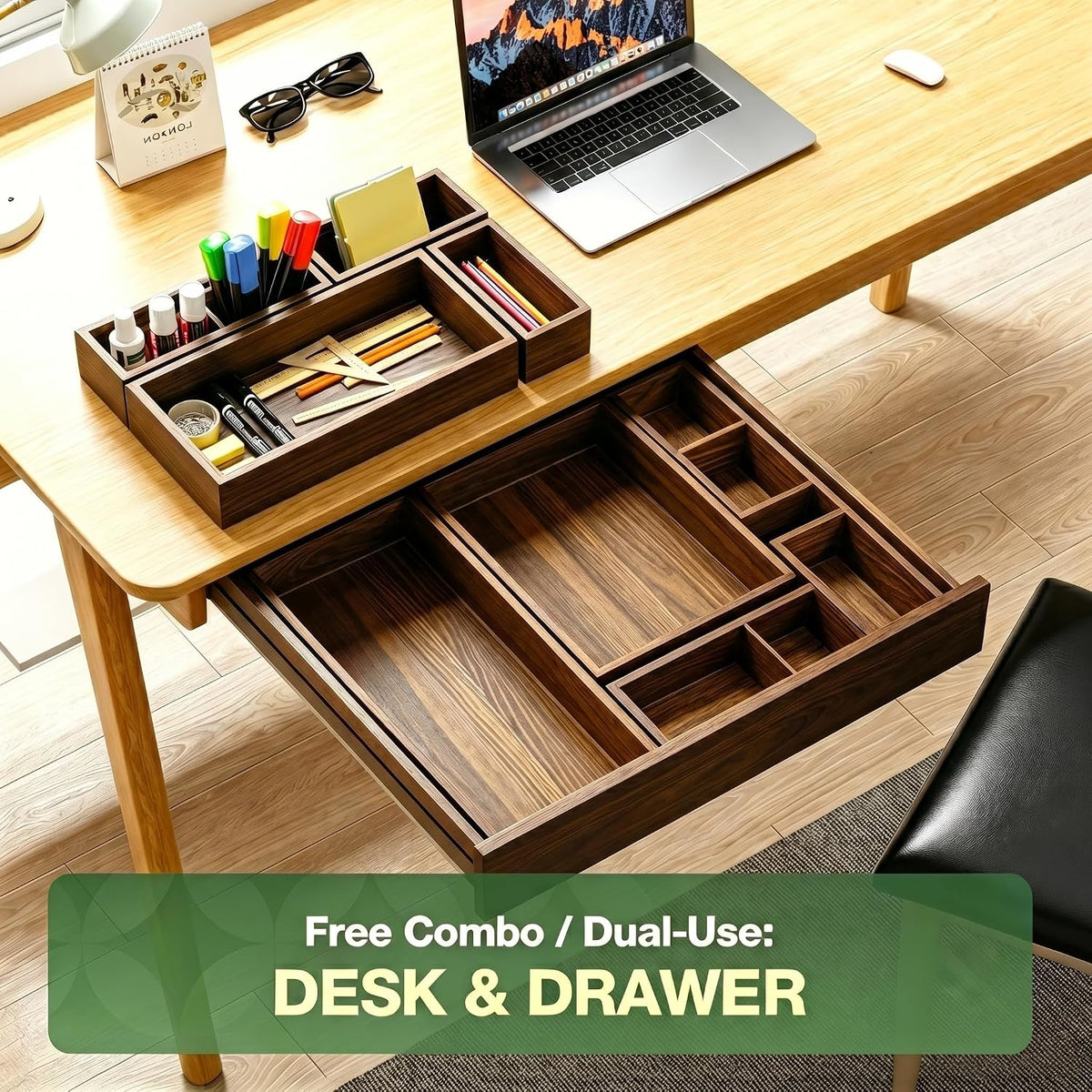 9-Pack Solid Wood Junk Drawer Organizer, Modular Desk Drawer Tray & Accessories with Non-Slip Pad, Multi-Use for Kitchen, Office, Bedroom Dresser, Utensil, Makeup, Stationery, Tea Bags & Coffee Pod