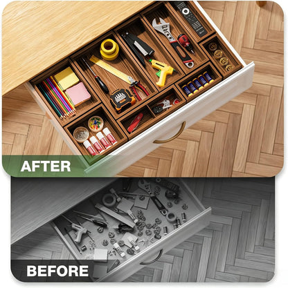 9-Pack Solid Wood Junk Drawer Organizer, Modular Desk Drawer Tray & Accessories with Non-Slip Pad, Multi-Use for Kitchen, Office, Bedroom Dresser, Utensil, Makeup, Stationery, Tea Bags & Coffee Pod