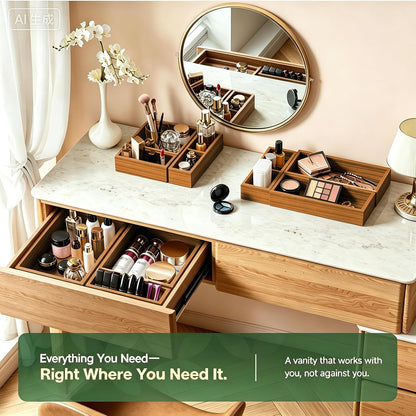 9-Pack Solid Wood Junk Drawer Organizer, Modular Desk Drawer Tray & Accessories with Non-Slip Pad, Multi-Use for Kitchen, Office, Bedroom Dresser, Utensil, Makeup, Stationery, Tea Bags & Coffee Pod