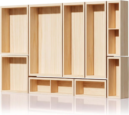 9-Pack Solid Wood Junk Drawer Organizer, Modular Desk Drawer Tray & Accessories with Non-Slip Pad, Multi-Use for Kitchen, Office, Bedroom Dresser, Utensil, Makeup, Stationery, Tea Bags & Coffee Pod