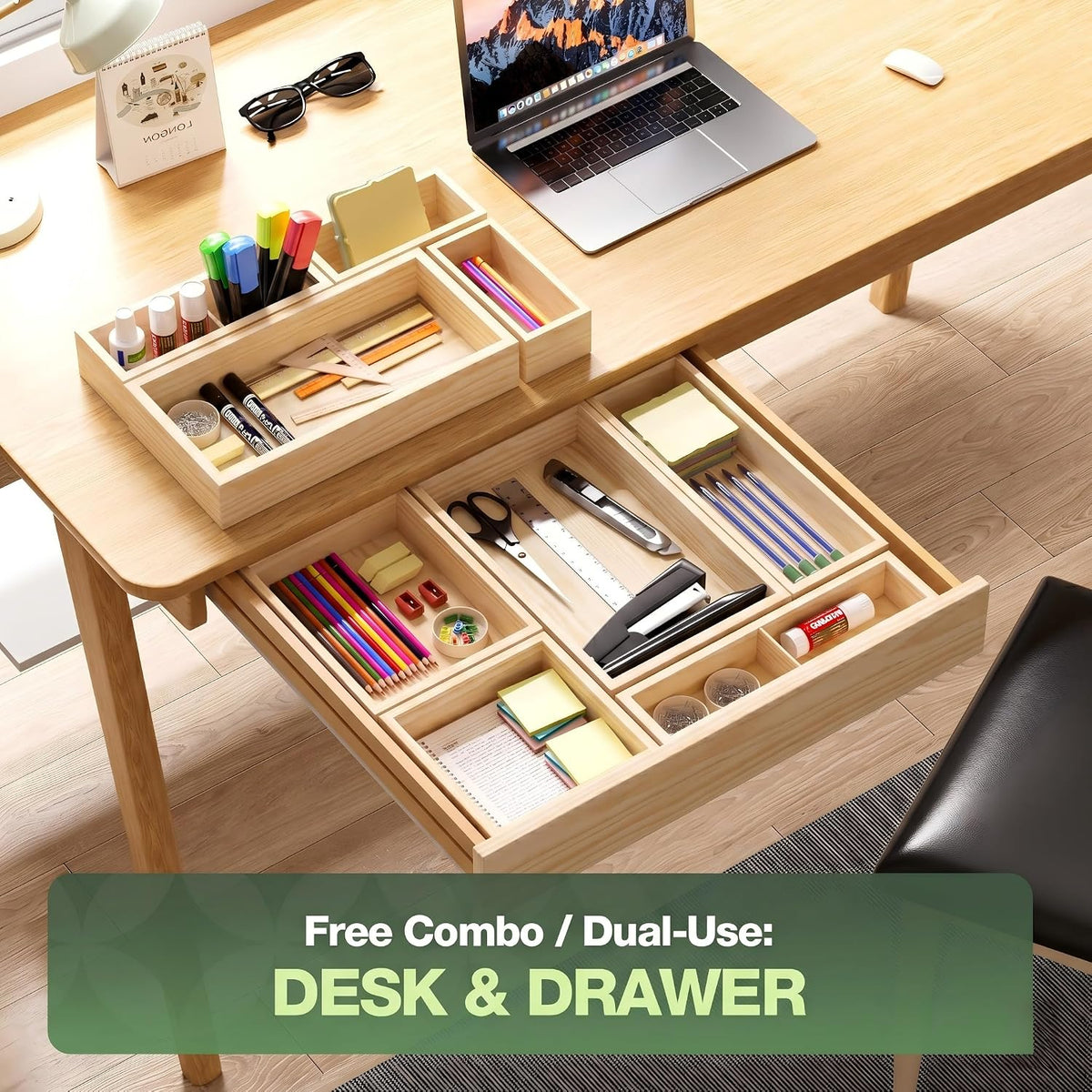 9-Pack Solid Wood Junk Drawer Organizer, Modular Desk Drawer Tray & Accessories with Non-Slip Pad, Multi-Use for Kitchen, Office, Bedroom Dresser, Utensil, Makeup, Stationery, Tea Bags & Coffee Pod