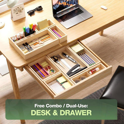 9-Pack Solid Wood Junk Drawer Organizer, Modular Desk Drawer Tray & Accessories with Non-Slip Pad, Multi-Use for Kitchen, Office, Bedroom Dresser, Utensil, Makeup, Stationery, Tea Bags & Coffee Pod