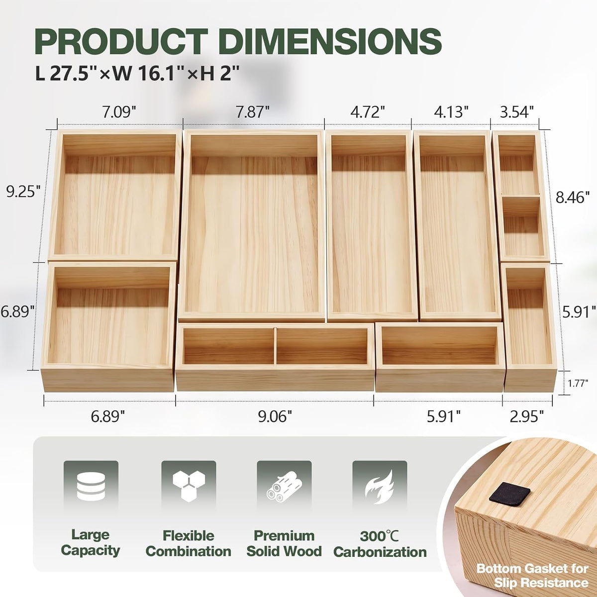 9-Pack Solid Wood Junk Drawer Organizer, Modular Desk Drawer Tray & Accessories with Non-Slip Pad, Multi-Use for Kitchen, Office, Bedroom Dresser, Utensil, Makeup, Stationery, Tea Bags & Coffee Pod