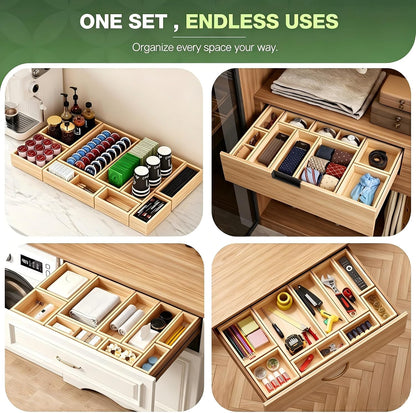 9-Pack Solid Wood Junk Drawer Organizer, Modular Desk Drawer Tray & Accessories with Non-Slip Pad, Multi-Use for Kitchen, Office, Bedroom Dresser, Utensil, Makeup, Stationery, Tea Bags & Coffee Pod