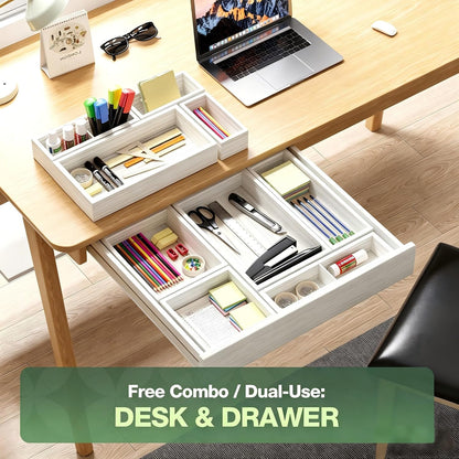 9-Pack Solid Wood Junk Drawer Organizer, Modular Desk Drawer Tray & Accessories with Non-Slip Pad, Multi-Use for Kitchen, Office, Bedroom Dresser, Utensil, Makeup, Stationery, Tea Bags & Coffee Pod