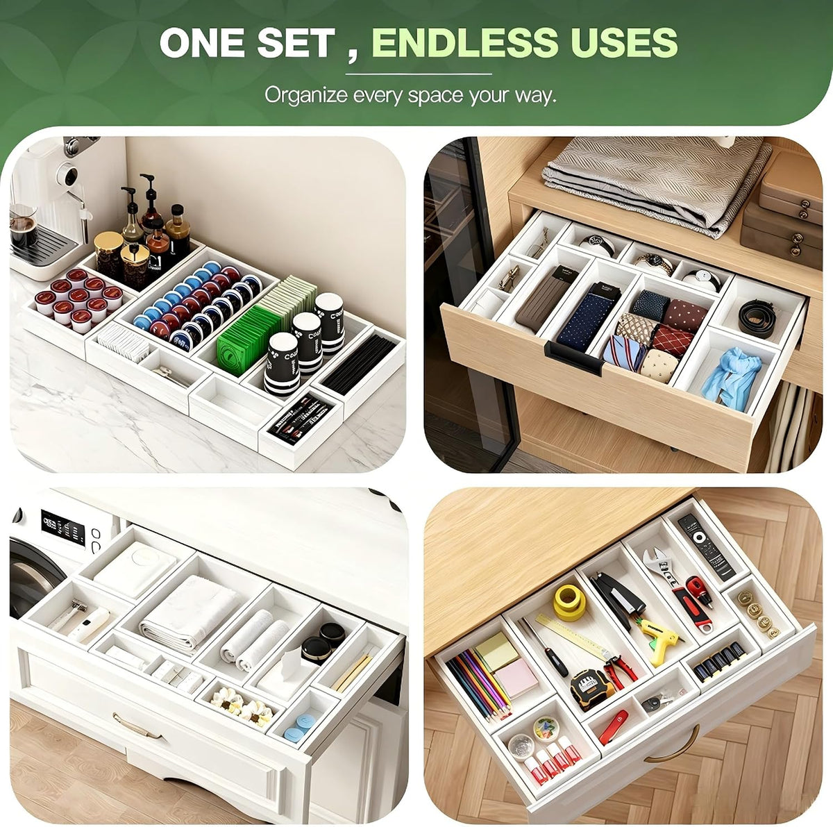 9-Pack Solid Wood Junk Drawer Organizer, Modular Desk Drawer Tray & Accessories with Non-Slip Pad, Multi-Use for Kitchen, Office, Bedroom Dresser, Utensil, Makeup, Stationery, Tea Bags & Coffee Pod