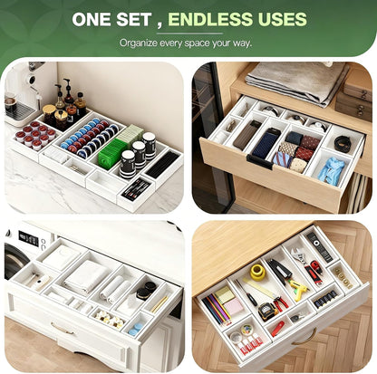 9-Pack Solid Wood Junk Drawer Organizer, Modular Desk Drawer Tray & Accessories with Non-Slip Pad, Multi-Use for Kitchen, Office, Bedroom Dresser, Utensil, Makeup, Stationery, Tea Bags & Coffee Pod