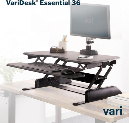 VariDesk Essential 36 - Two-Tier Standing Desk Converter for Monitor & Accessories - Height Adjustable Sit Stand Desk - Fully Assembled Monitor Riser for Home Office - 36" Wide, Black
