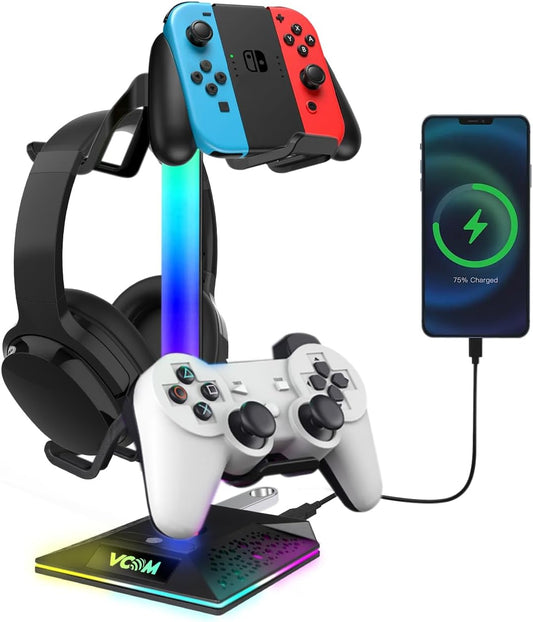V RGB Gaming Headphones Stand with 2 USB Ports Headset Stand with 10 Light Modes and Non-Slip Rubber, Suitable for All Earphone Accessories, Best Gift for Husband, Kids, Boyfriend
