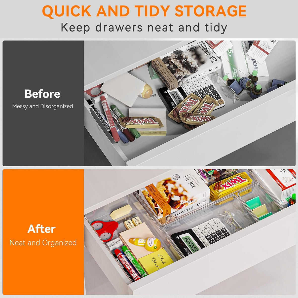 Large Clear Plastic Drawer Organizer Trays, Acrylic Kitchen Drawer Organization and Storage Dividers, Non-Slip Storage Bins for Makeup, Kitchen Utensils, Bathroom, Jewelries and Office Desk