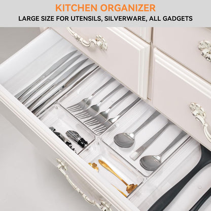 Large Clear Plastic Drawer Organizer Trays, Acrylic Kitchen Drawer Organization and Storage Dividers, Non-Slip Storage Bins for Makeup, Kitchen Utensils, Bathroom, Jewelries and Office Desk