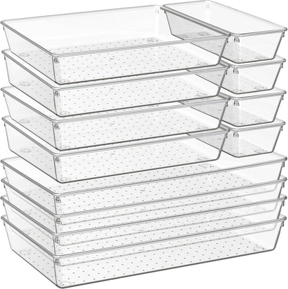 Large Clear Plastic Drawer Organizer Trays, Acrylic Kitchen Drawer Organization and Storage Dividers, Non-Slip Storage Bins for Makeup, Kitchen Utensils, Bathroom, Jewelries and Office Desk