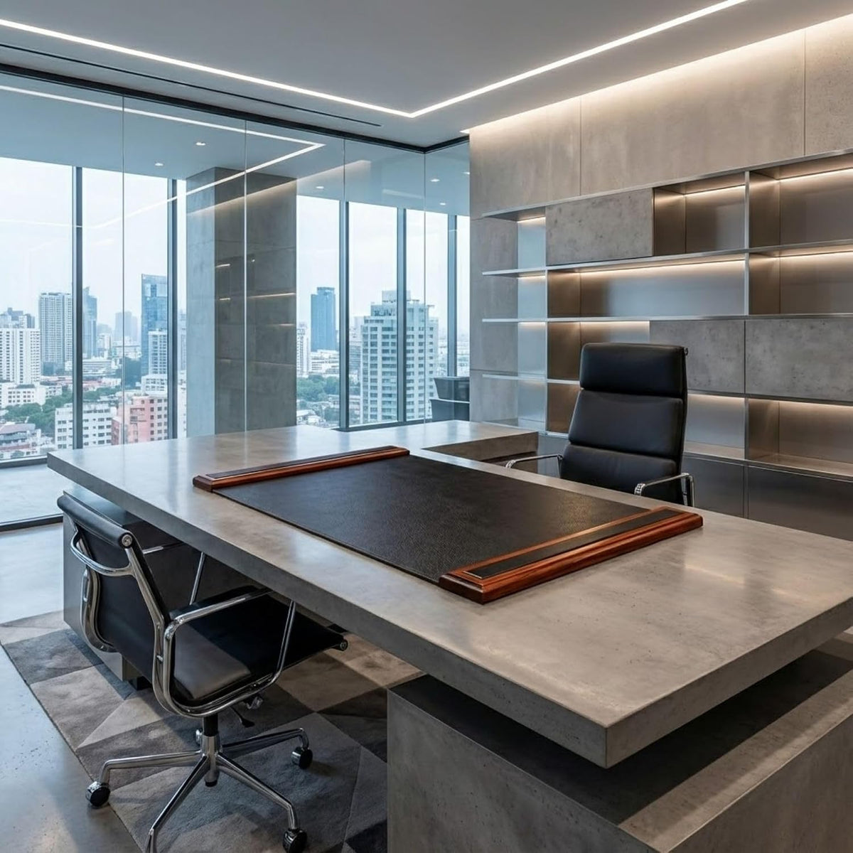 Walnut & Black Leather 34" x 20" Side-Rail Desk Pad