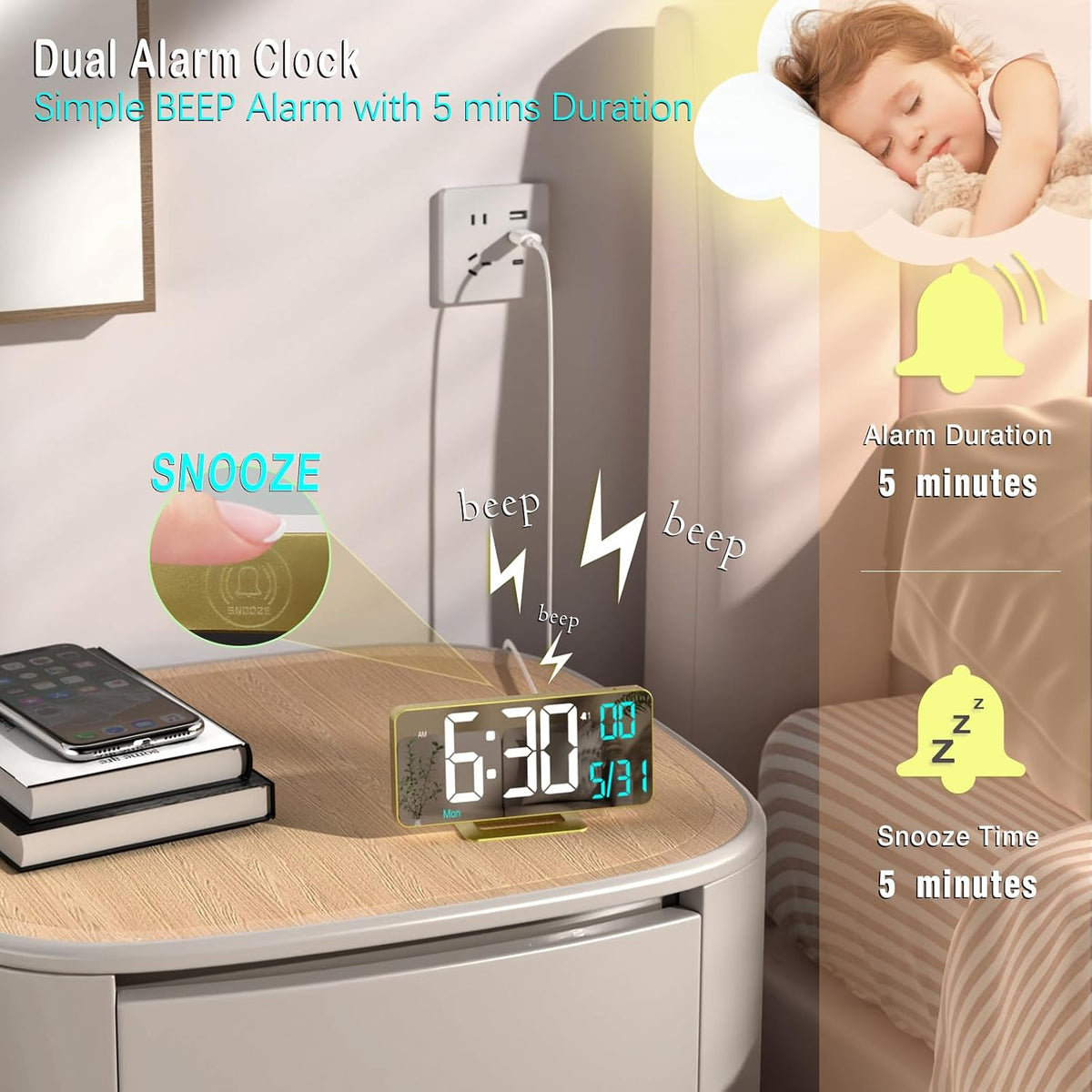 KOSUMOSU Dual Alarm Clock 6.7in Gold Desk Clock with Dimming, 12/24h, Seconds, Date, Day of Week, Temp, Digital LED Clock for Bedroom, Digital Calendar Clocks for Living Room Gold Desk Accessories