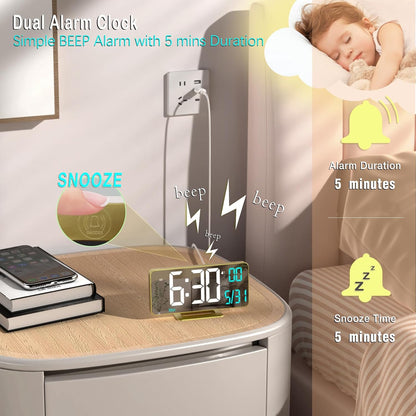 KOSUMOSU Dual Alarm Clock 6.7in Gold Desk Clock with Dimming, 12/24h, Seconds, Date, Day of Week, Temp, Digital LED Clock for Bedroom, Digital Calendar Clocks for Living Room Gold Desk Accessories