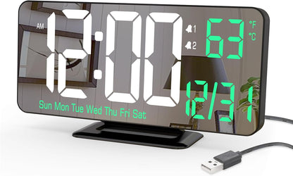 KOSUMOSU Dual Alarm Clock 6.7in Gold Desk Clock with Dimming, 12/24h, Seconds, Date, Day of Week, Temp, Digital LED Clock for Bedroom, Digital Calendar Clocks for Living Room Gold Desk Accessories