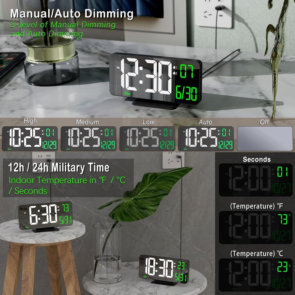 KOSUMOSU Dual Alarm Clock 6.7in Gold Desk Clock with Dimming, 12/24h, Seconds, Date, Day of Week, Temp, Digital LED Clock for Bedroom, Digital Calendar Clocks for Living Room Gold Desk Accessories