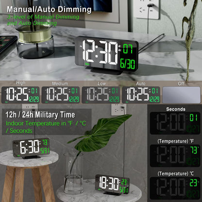 KOSUMOSU Dual Alarm Clock 6.7in Gold Desk Clock with Dimming, 12/24h, Seconds, Date, Day of Week, Temp, Digital LED Clock for Bedroom, Digital Calendar Clocks for Living Room Gold Desk Accessories