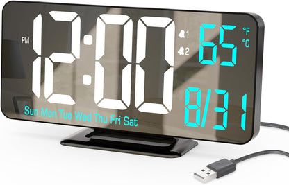 KOSUMOSU Dual Alarm Clock 6.7in Gold Desk Clock with Dimming, 12/24h, Seconds, Date, Day of Week, Temp, Digital LED Clock for Bedroom, Digital Calendar Clocks for Living Room Gold Desk Accessories