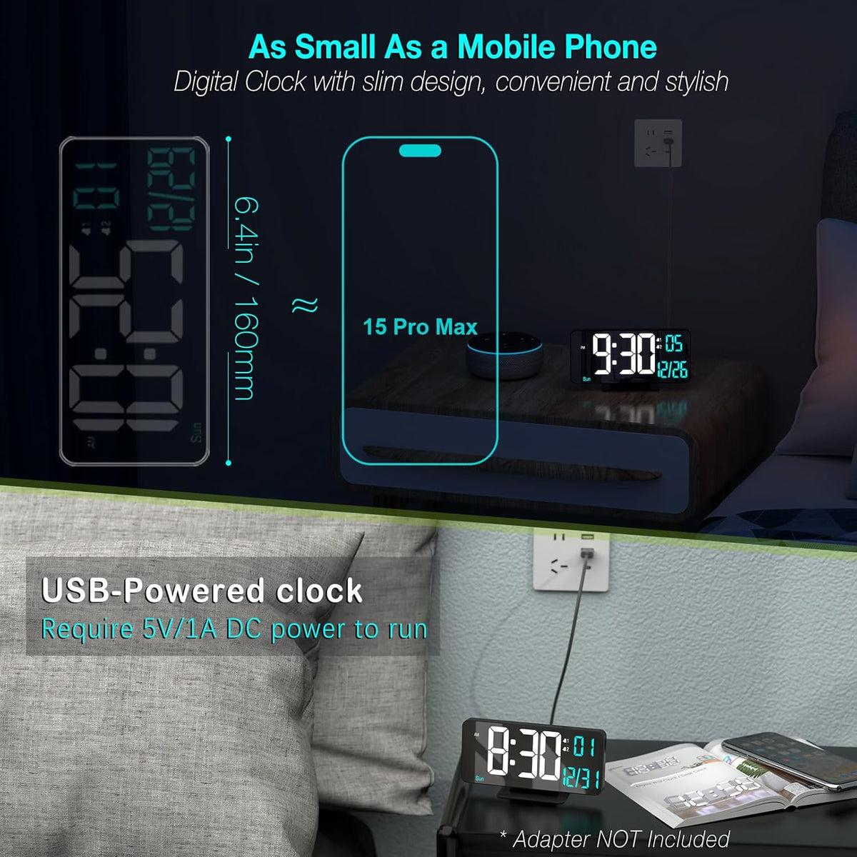 KOSUMOSU Dual Alarm Clock 6.7in Gold Desk Clock with Dimming, 12/24h, Seconds, Date, Day of Week, Temp, Digital LED Clock for Bedroom, Digital Calendar Clocks for Living Room Gold Desk Accessories