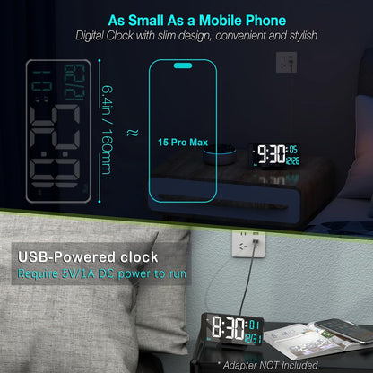 KOSUMOSU Dual Alarm Clock 6.7in Gold Desk Clock with Dimming, 12/24h, Seconds, Date, Day of Week, Temp, Digital LED Clock for Bedroom, Digital Calendar Clocks for Living Room Gold Desk Accessories