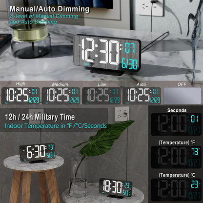 KOSUMOSU Dual Alarm Clock 6.7in Gold Desk Clock with Dimming, 12/24h, Seconds, Date, Day of Week, Temp, Digital LED Clock for Bedroom, Digital Calendar Clocks for Living Room Gold Desk Accessories