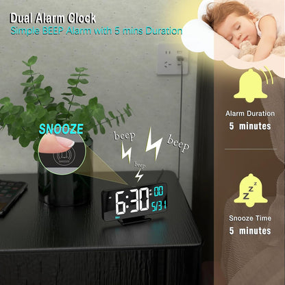 KOSUMOSU Dual Alarm Clock 6.7in Gold Desk Clock with Dimming, 12/24h, Seconds, Date, Day of Week, Temp, Digital LED Clock for Bedroom, Digital Calendar Clocks for Living Room Gold Desk Accessories