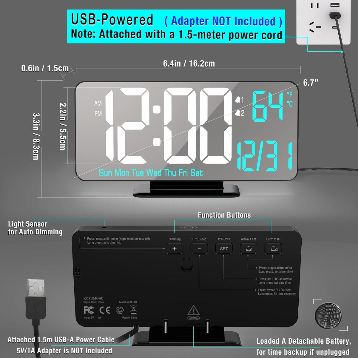 KOSUMOSU Dual Alarm Clock 6.7in Gold Desk Clock with Dimming, 12/24h, Seconds, Date, Day of Week, Temp, Digital LED Clock for Bedroom, Digital Calendar Clocks for Living Room Gold Desk Accessories