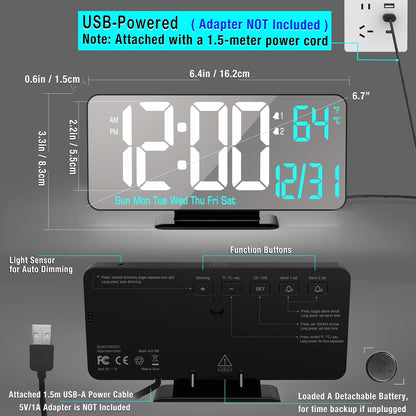 KOSUMOSU Dual Alarm Clock 6.7in Gold Desk Clock with Dimming, 12/24h, Seconds, Date, Day of Week, Temp, Digital LED Clock for Bedroom, Digital Calendar Clocks for Living Room Gold Desk Accessories