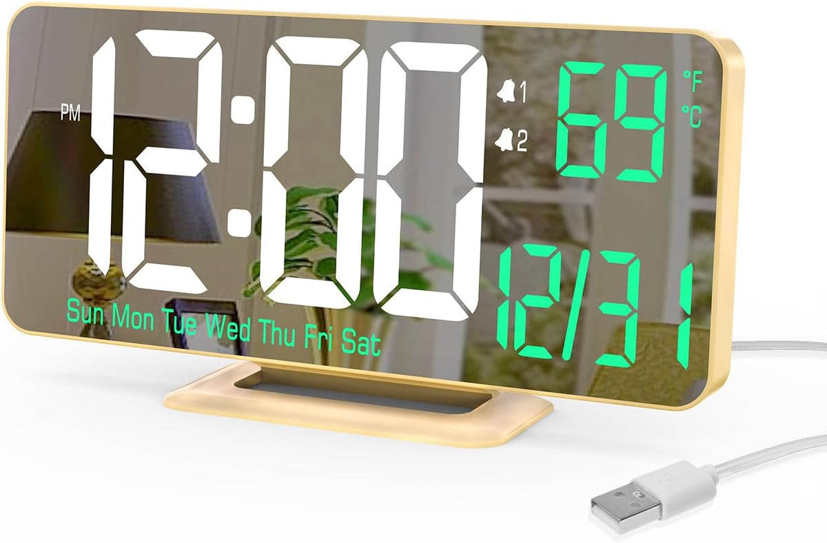 KOSUMOSU Dual Alarm Clock 6.7in Gold Desk Clock with Dimming, 12/24h, Seconds, Date, Day of Week, Temp, Digital LED Clock for Bedroom, Digital Calendar Clocks for Living Room Gold Desk Accessories