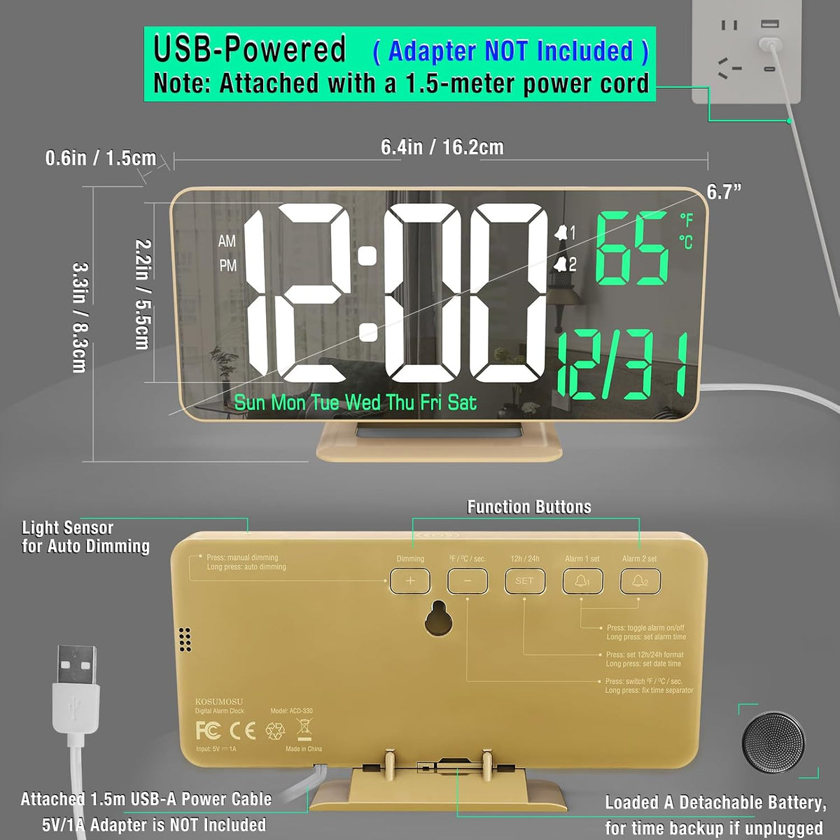 KOSUMOSU Dual Alarm Clock 6.7in Gold Desk Clock with Dimming, 12/24h, Seconds, Date, Day of Week, Temp, Digital LED Clock for Bedroom, Digital Calendar Clocks for Living Room Gold Desk Accessories