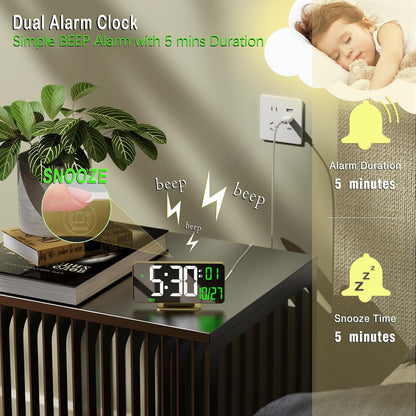KOSUMOSU Dual Alarm Clock 6.7in Gold Desk Clock with Dimming, 12/24h, Seconds, Date, Day of Week, Temp, Digital LED Clock for Bedroom, Digital Calendar Clocks for Living Room Gold Desk Accessories