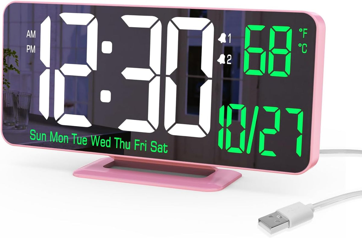 KOSUMOSU Dual Alarm Clock 6.7in Gold Desk Clock with Dimming, 12/24h, Seconds, Date, Day of Week, Temp, Digital LED Clock for Bedroom, Digital Calendar Clocks for Living Room Gold Desk Accessories