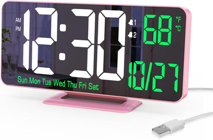 KOSUMOSU Dual Alarm Clock 6.7in Gold Desk Clock with Dimming, 12/24h, Seconds, Date, Day of Week, Temp, Digital LED Clock for Bedroom, Digital Calendar Clocks for Living Room Gold Desk Accessories